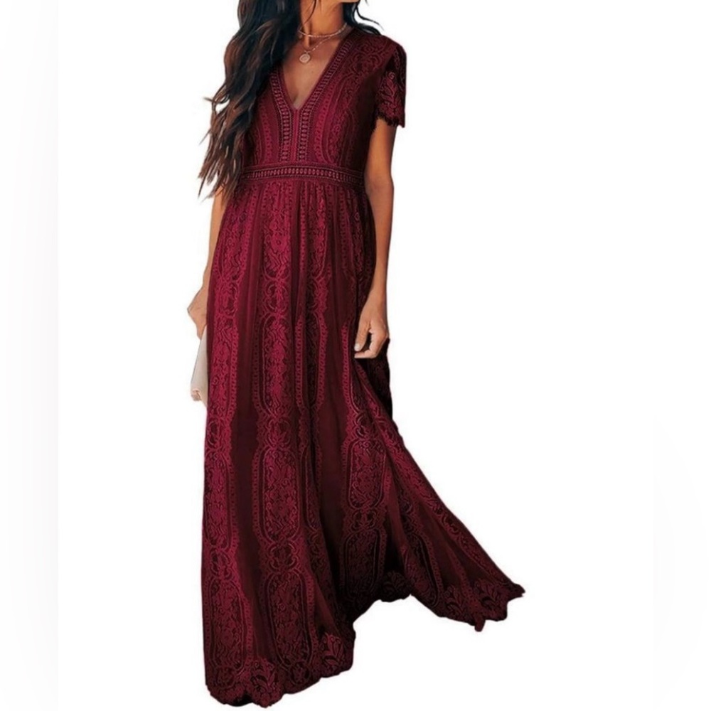Lace V-neck Short Sleeve Evening Maxi Dress - XL Bridesmaid/prom/ formal gown